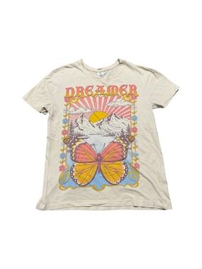 La Luna Dreamer Butterfly Mountain Graphic Tee Beige XS Boho Retro